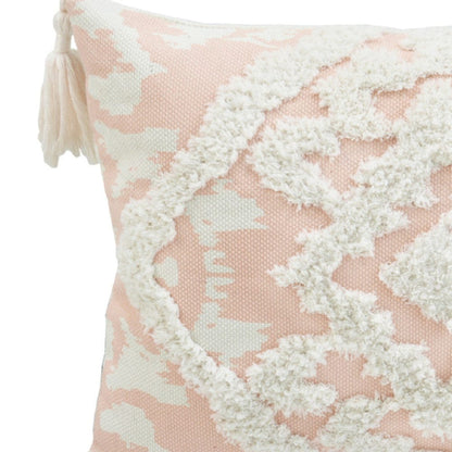 13" X 18" Peach And White Damask Zippered Polyester And Cotton Blend Throw Pillow With Tassels