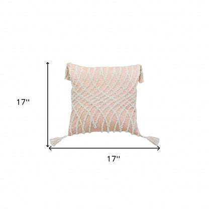 17" X 17" Beige And White Interlocking Zippered Polyester Throw Pillow With Tassels