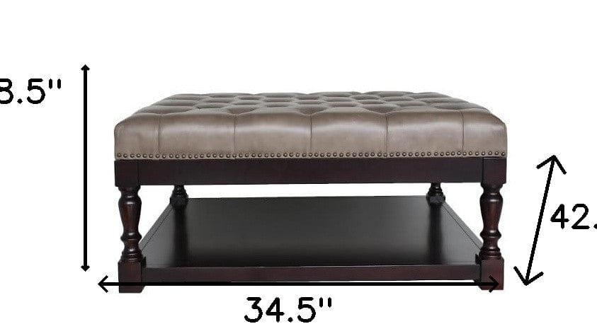 34.5" Dark Grey and Dark Brown Tufted Leather Coffee Table