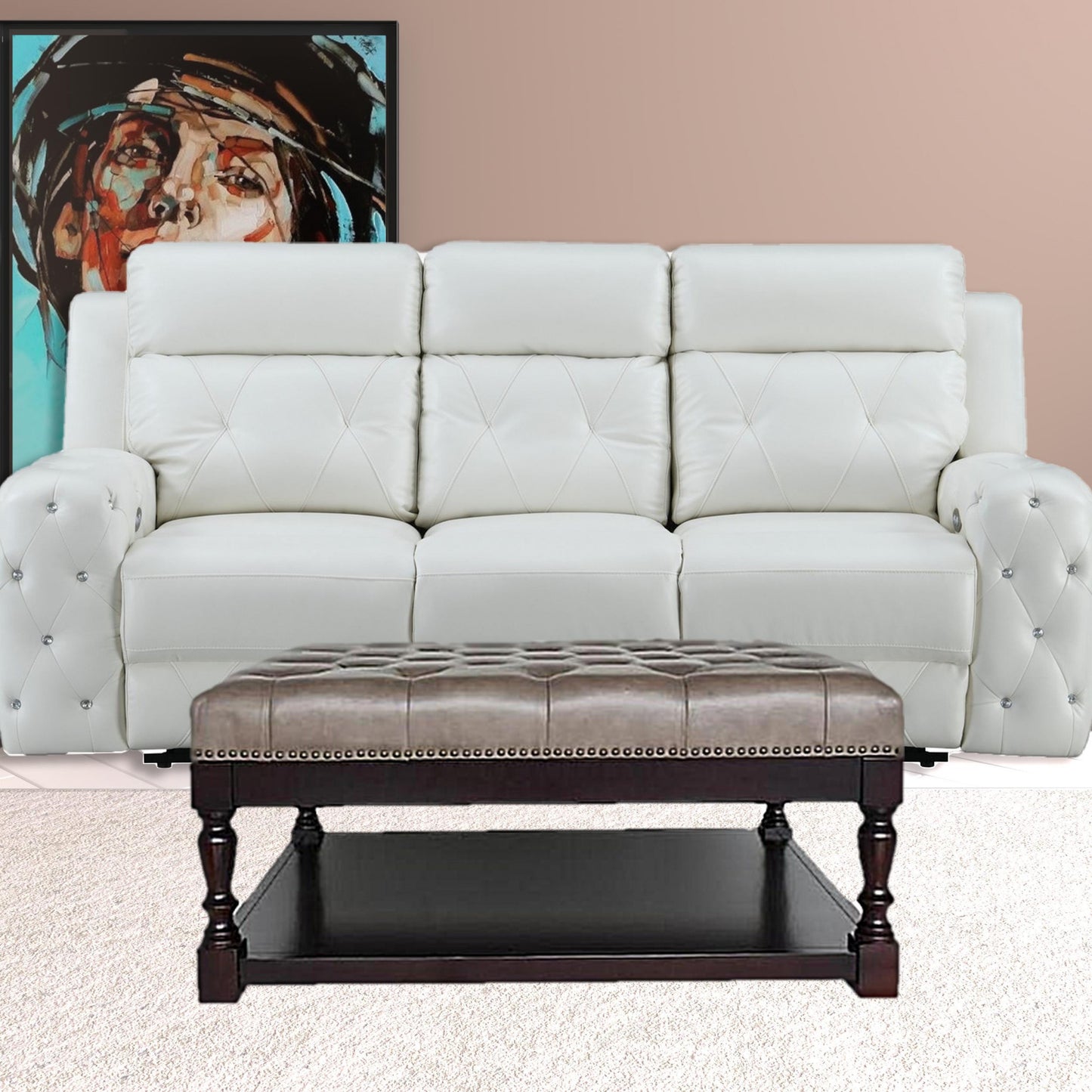 34.5" Dark Grey and Dark Brown Tufted Leather Coffee Table