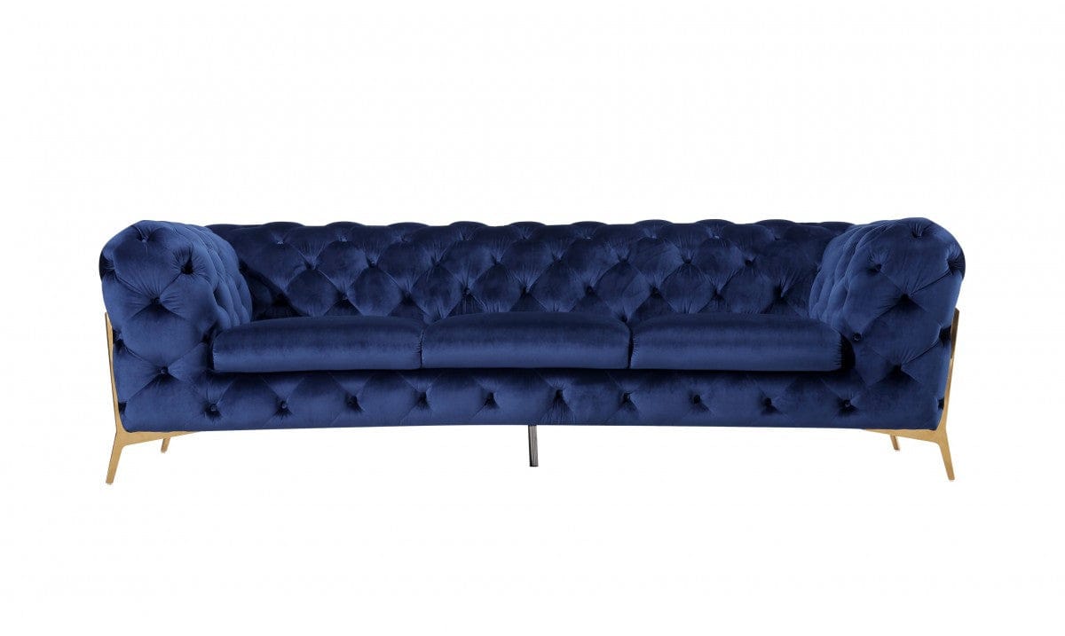 Contemporary 97" Blue Velvet And Gold Accent Sofa