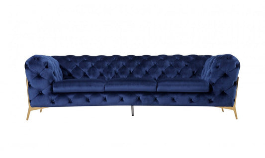 Contemporary 97" Blue Velvet And Gold Accent Sofa