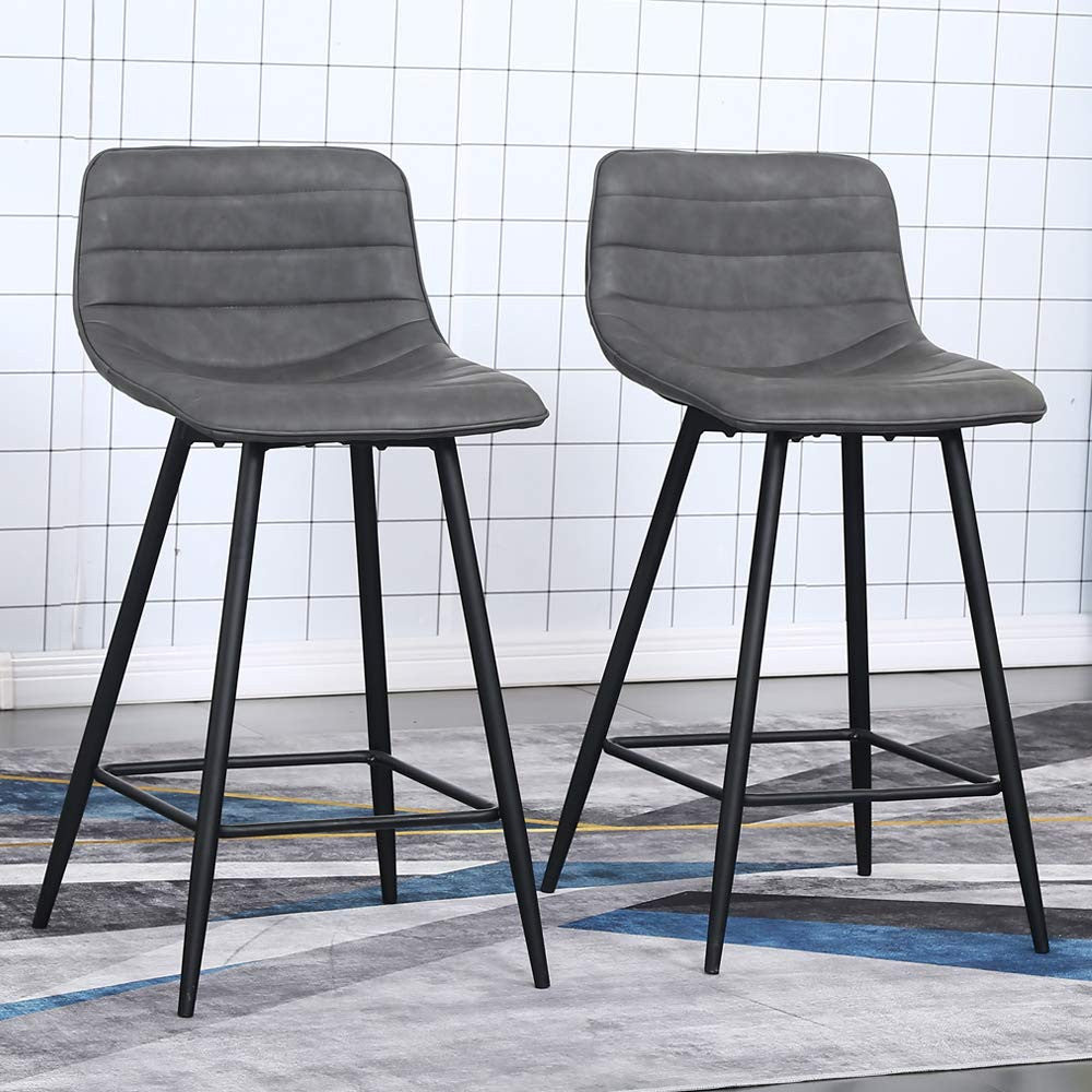 Set Of Two 26" Gray Faux Leather And Black Low Back Bar Height Chairs