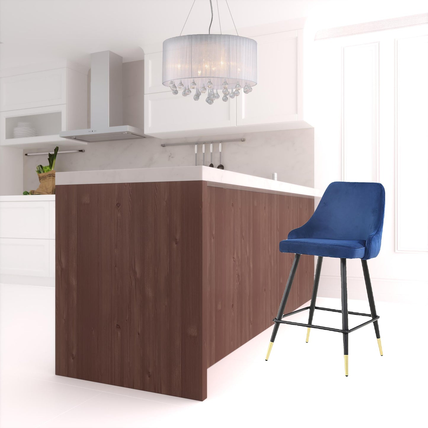 Set Of Two 39" Blue Velvet And Black And Gold Iron Bar Height Chairs