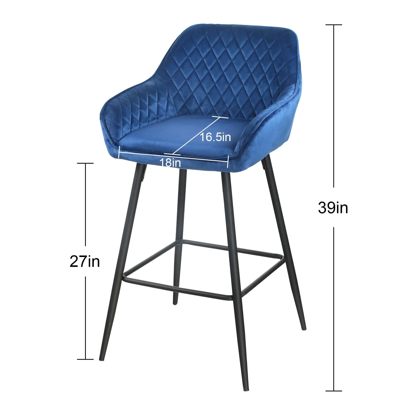 Set Of Two 39" Blue Velvet And Black And Gold Iron Bar Height Chairs