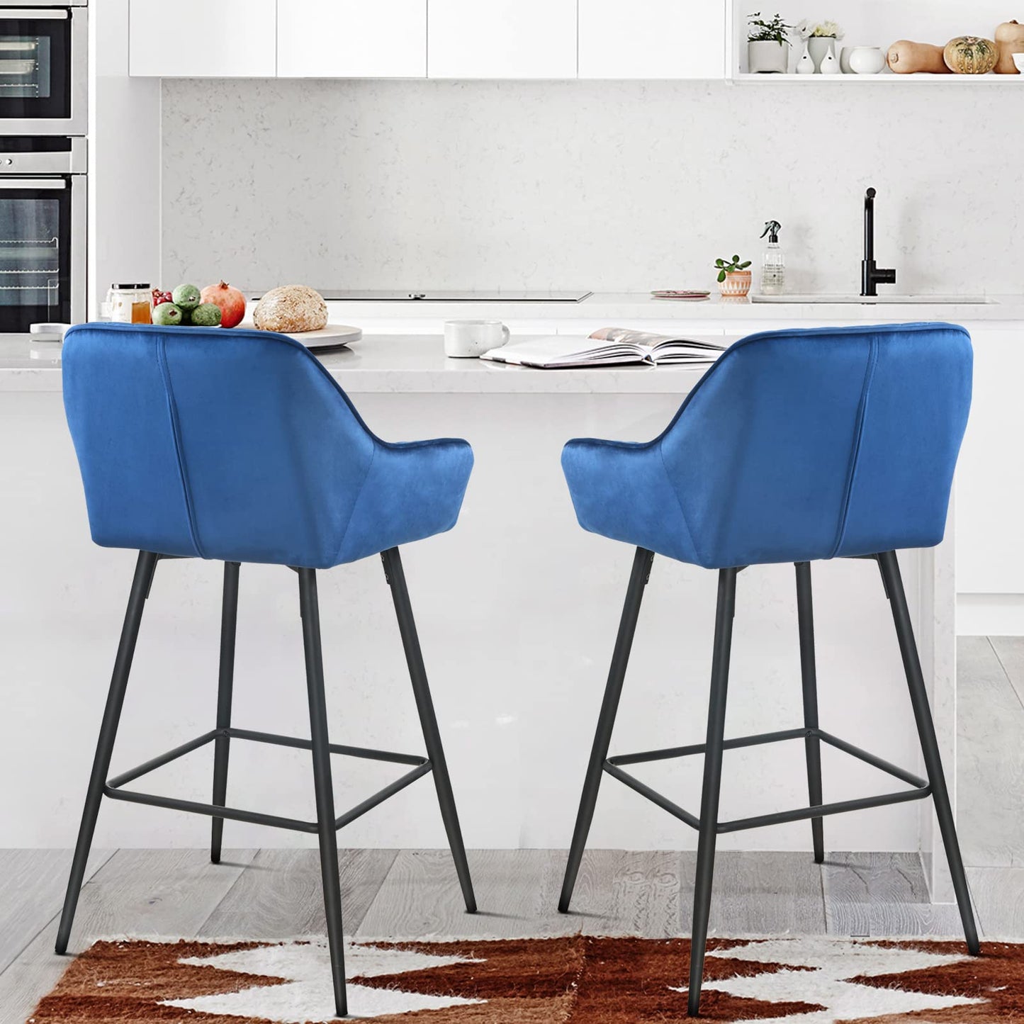 Set Of Two 39" Blue Velvet And Black And Gold Iron Bar Height Chairs