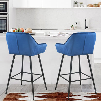 Set Of Two 39" Blue Velvet And Black And Gold Iron Bar Height Chairs