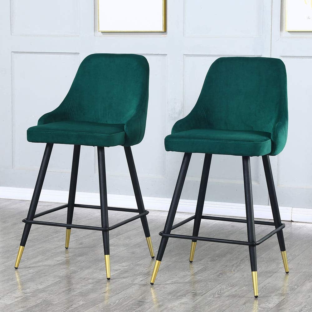 Set Of Two 39" Green Velvet And Black Bar Height Chairs