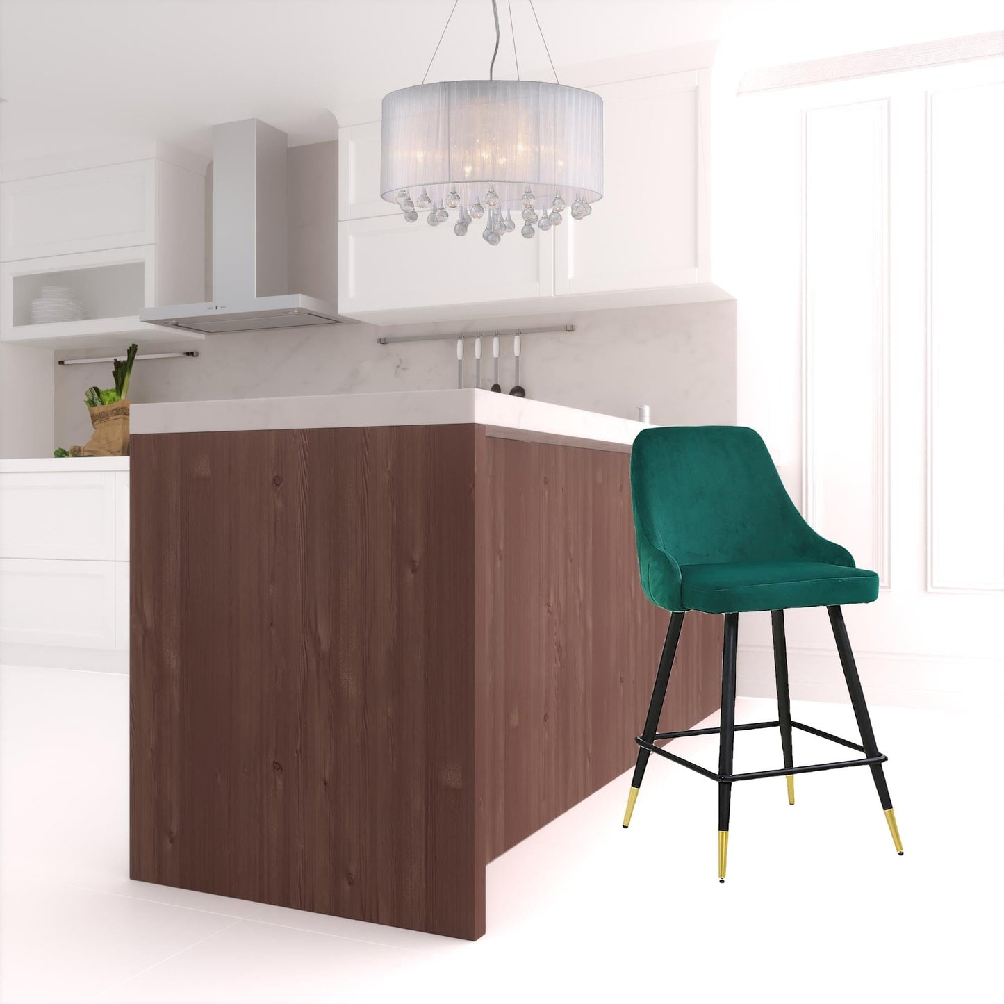 Set Of Two 39" Green Velvet And Black Bar Height Chairs