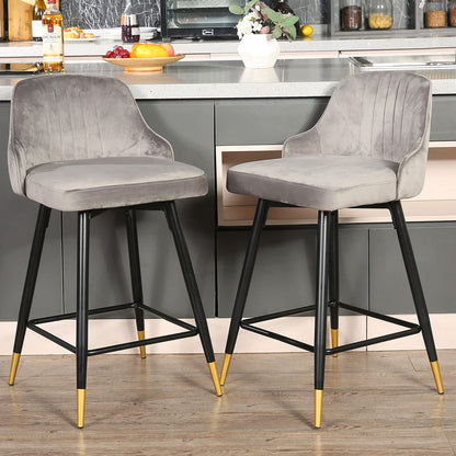 Set Of Two 39" Gray Velvet And Black Bar Height Chairs