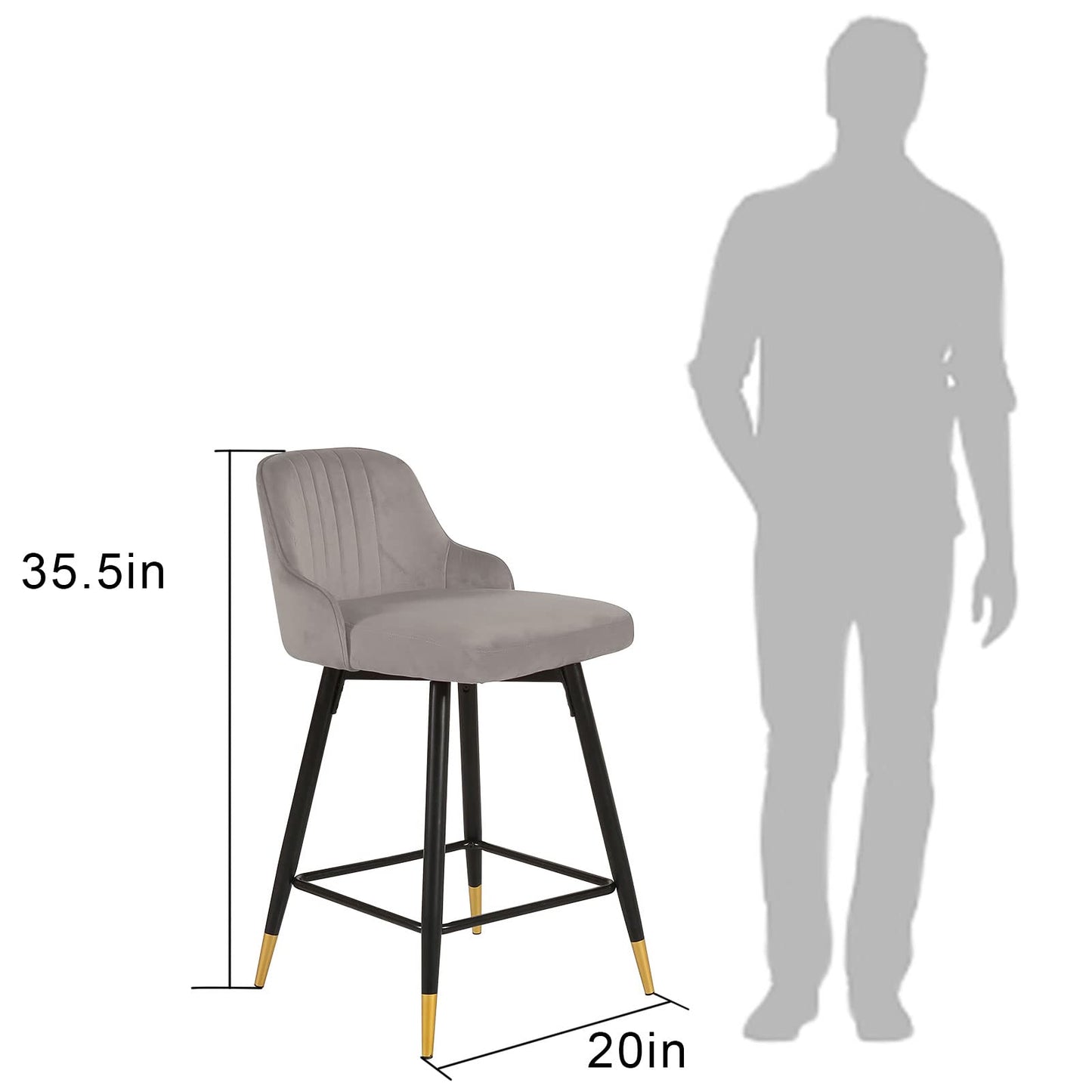 Set Of Two 39" Gray Velvet And Black Bar Height Chairs