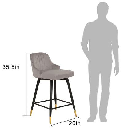 Set Of Two 39" Gray Velvet And Black Bar Height Chairs