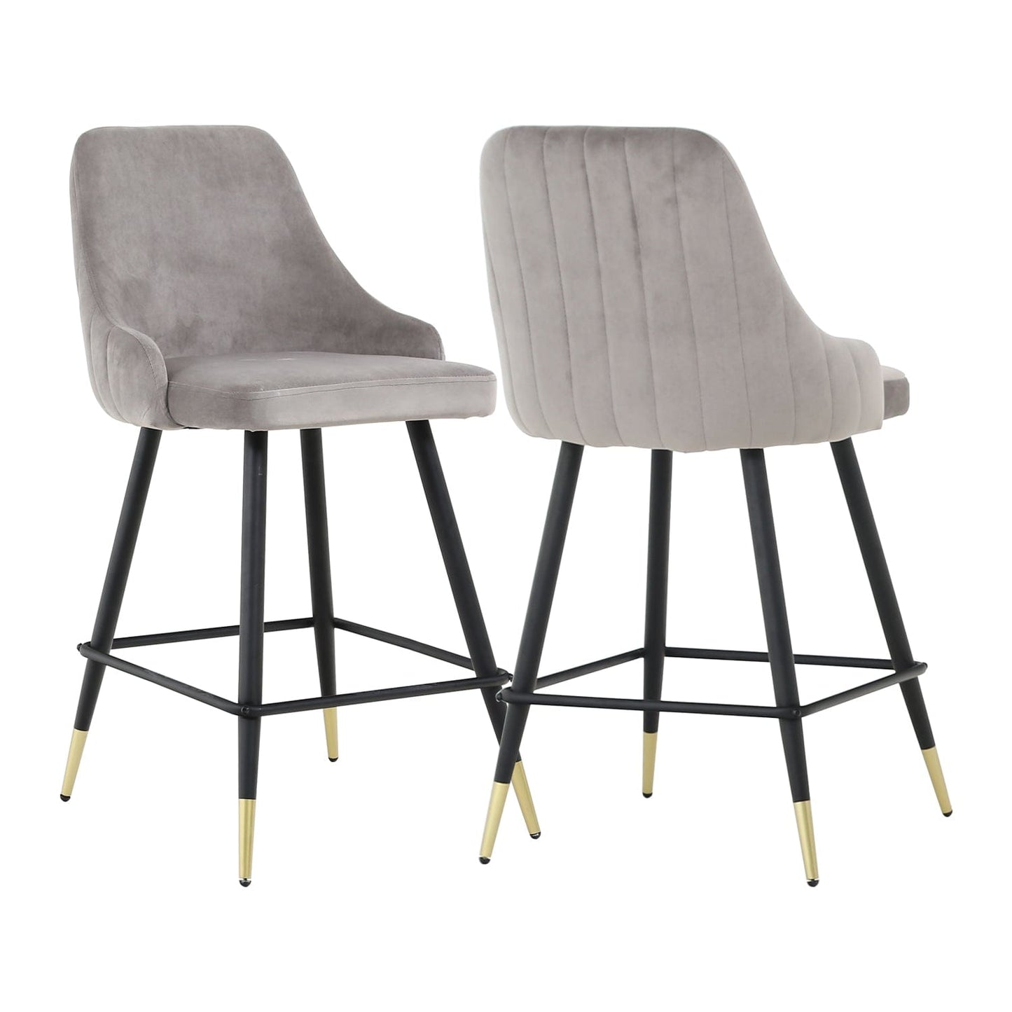Set Of Two 39" Gray Velvet And Black Bar Height Chairs