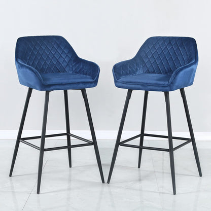 Set Of Two 36" Blue Velvet And Black Iron Bar Height Chairs