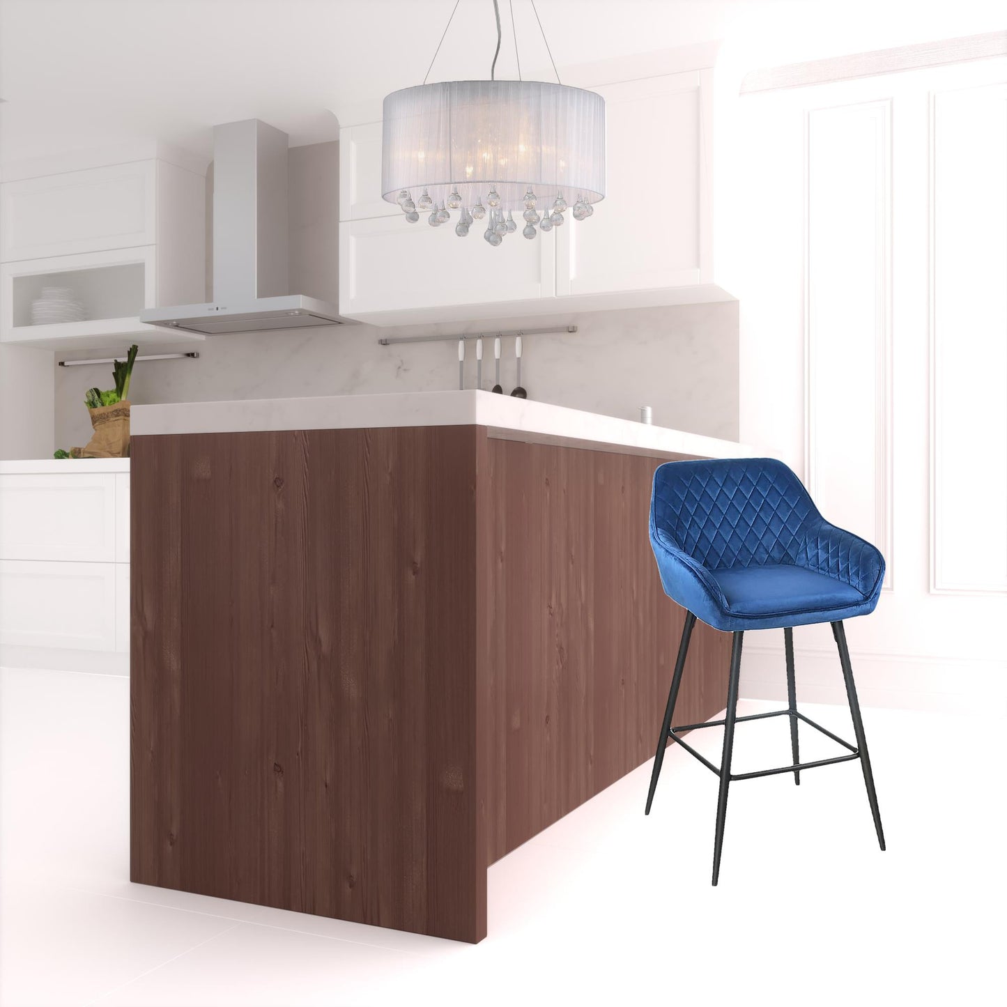 Set Of Two 36" Blue Velvet And Black Iron Bar Height Chairs