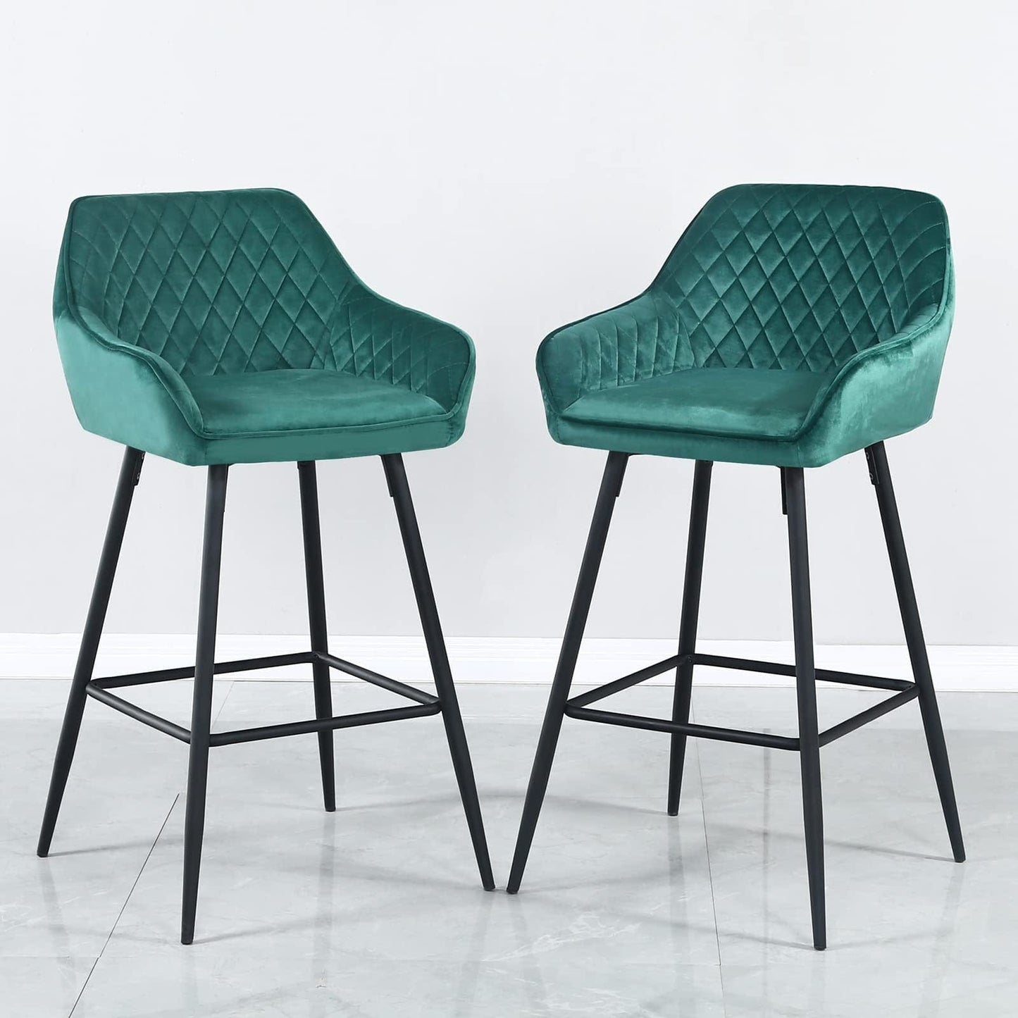 Set Of Two 36" Green Velvet And Black Iron Bar Height Chairs