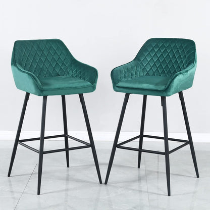 Set Of Two 36" Green Velvet And Black Iron Bar Height Chairs