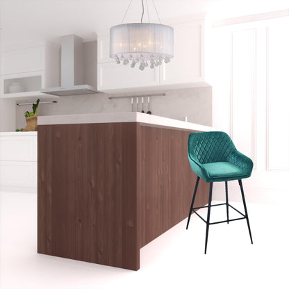 Set Of Two 36" Green Velvet And Black Iron Bar Height Chairs