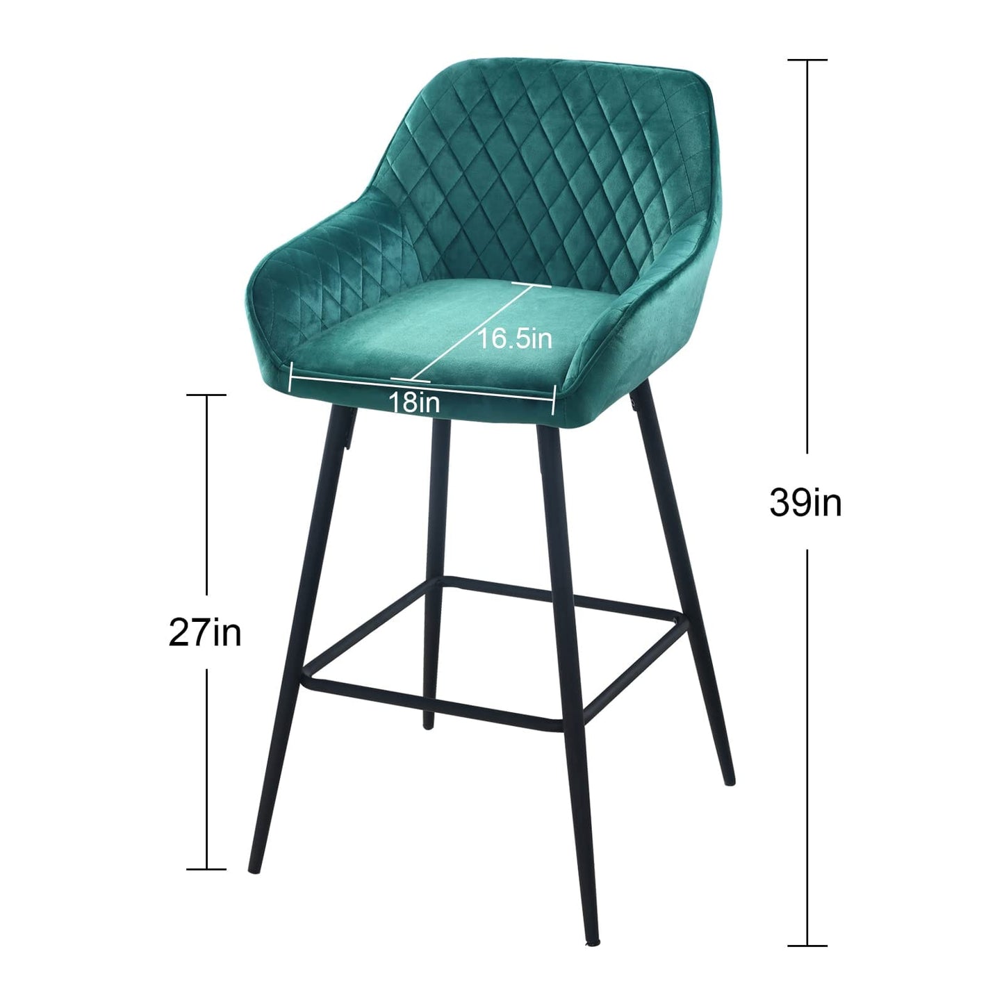 Set Of Two 36" Green Velvet And Black Iron Bar Height Chairs