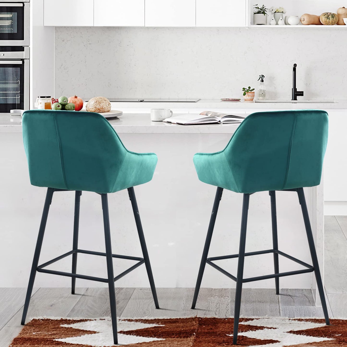 Set Of Two 36" Green Velvet And Black Iron Bar Height Chairs