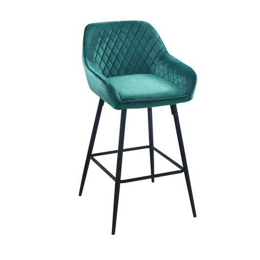 Set Of Two 36" Green Velvet And Black Iron Bar Height Chairs