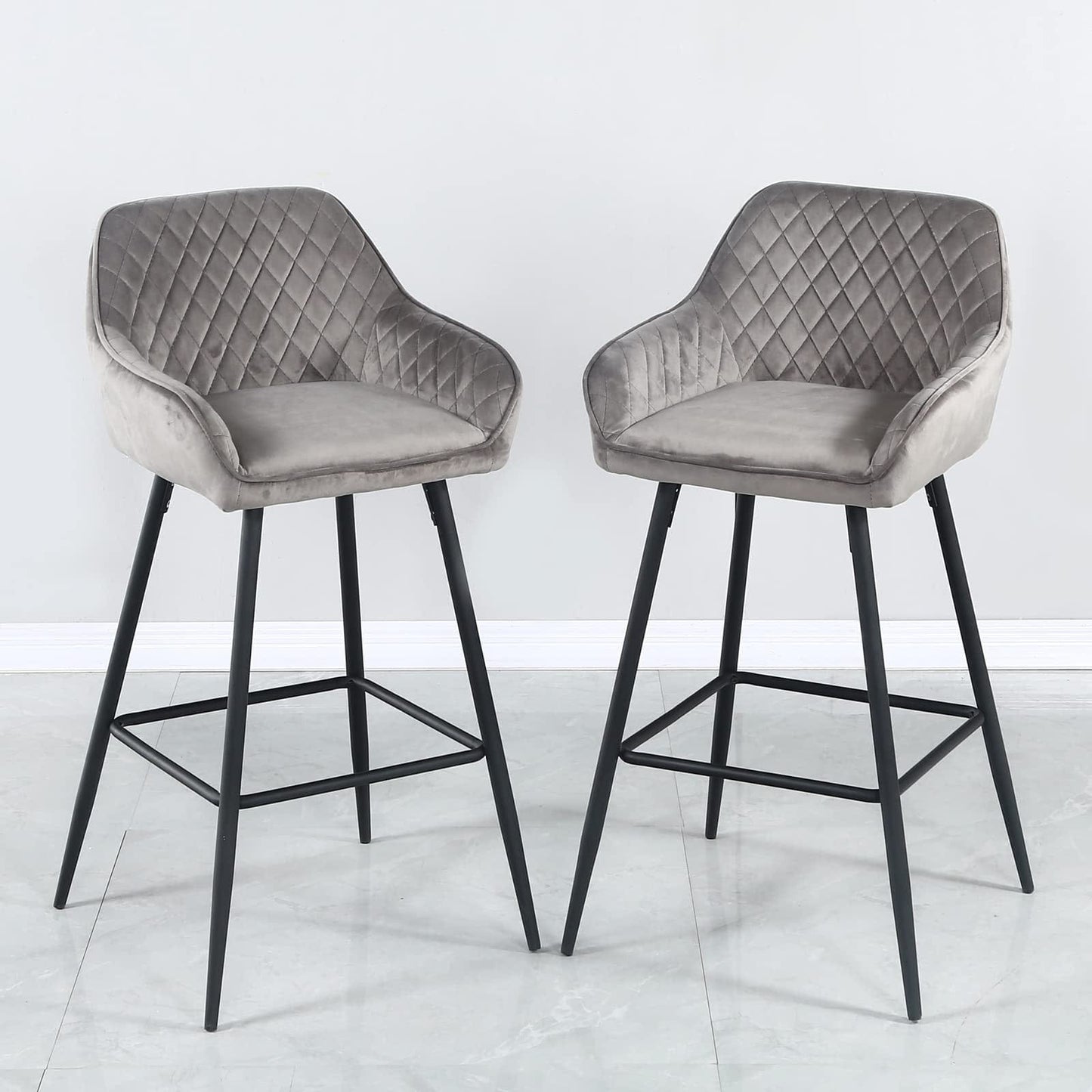 Set Of Two 36" Gray Velvet And Black Iron Bar Height Chairs