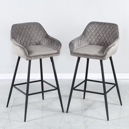 Set Of Two 36" Gray Velvet And Black Iron Bar Height Chairs