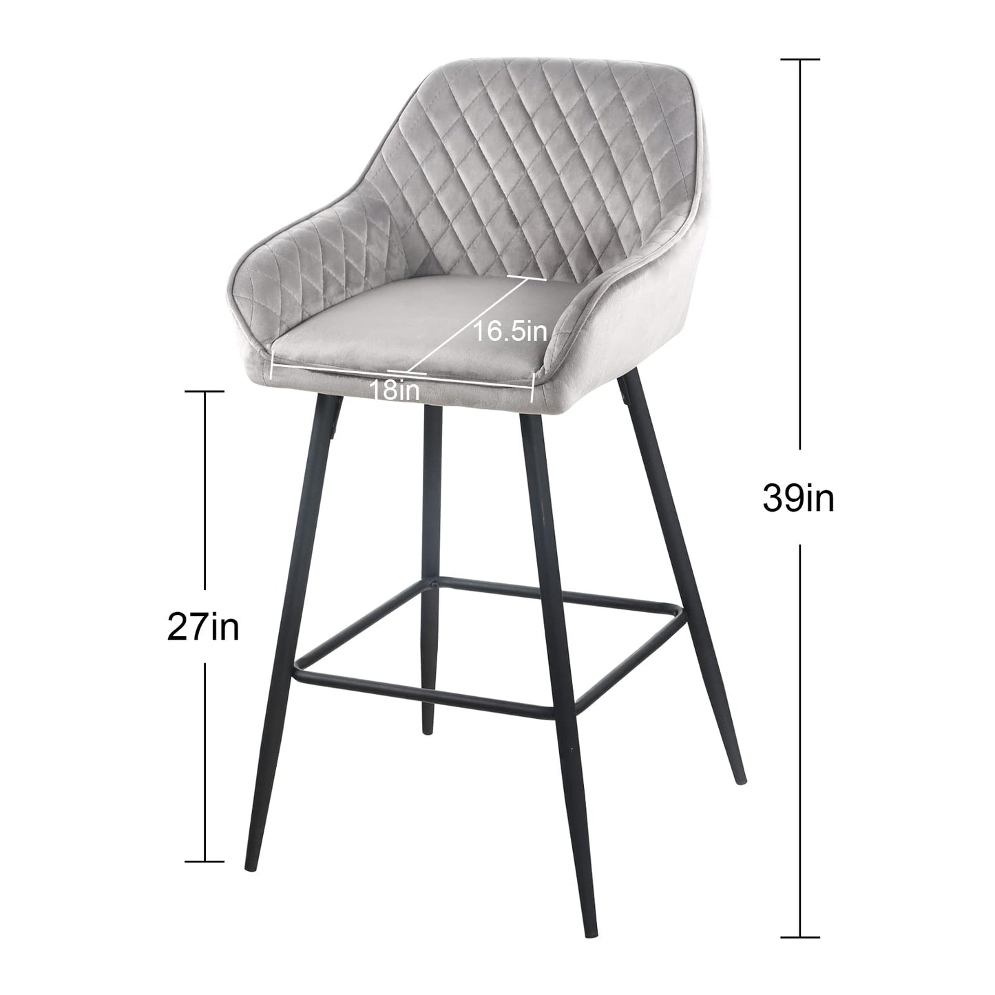 Set Of Two 36" Gray Velvet And Black Iron Bar Height Chairs