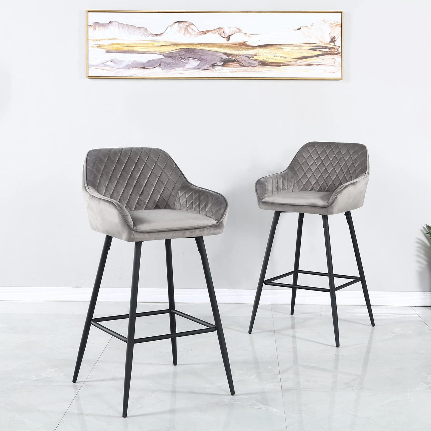 Set Of Two 36" Gray Velvet And Black Iron Bar Height Chairs