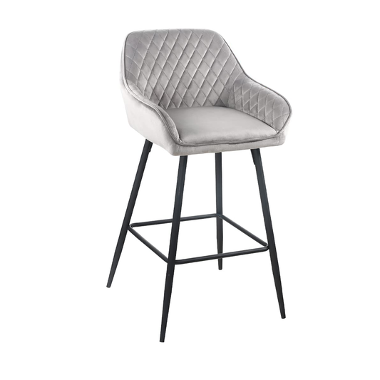 Set Of Two 36" Gray Velvet And Black Iron Bar Height Chairs