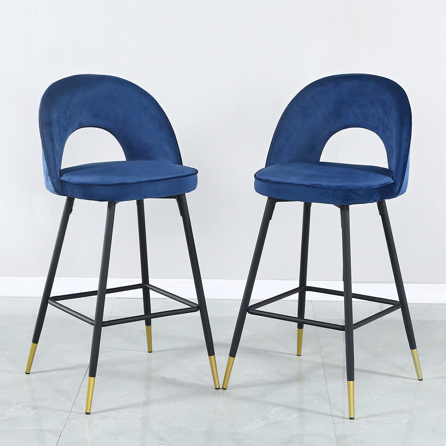 Set Of Two 39" Blue Velvet And Black Open Back Bar Height Chairs