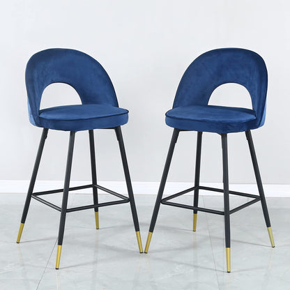 Set Of Two 39" Blue Velvet And Black Open Back Bar Height Chairs