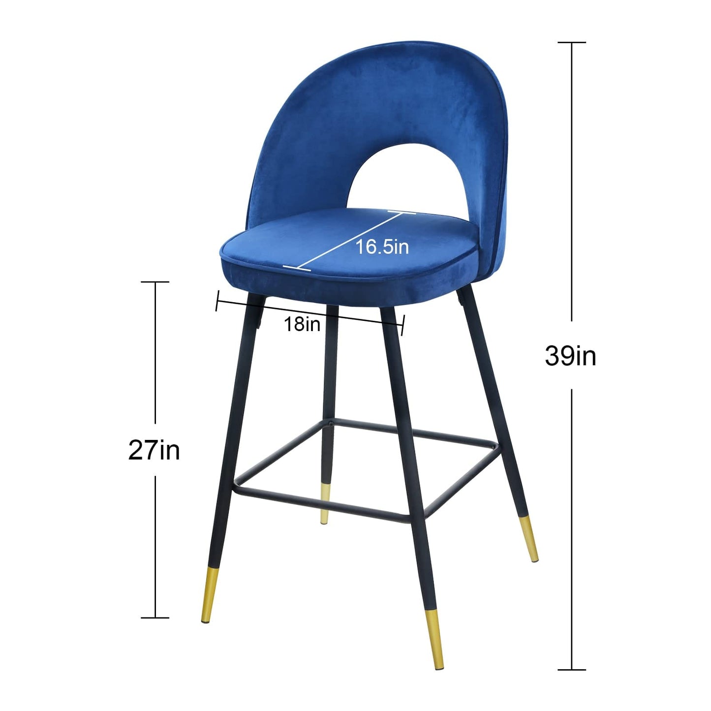 Set Of Two 39" Blue Velvet And Black Open Back Bar Height Chairs