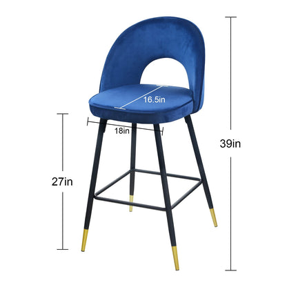 Set Of Two 39" Blue Velvet And Black Open Back Bar Height Chairs