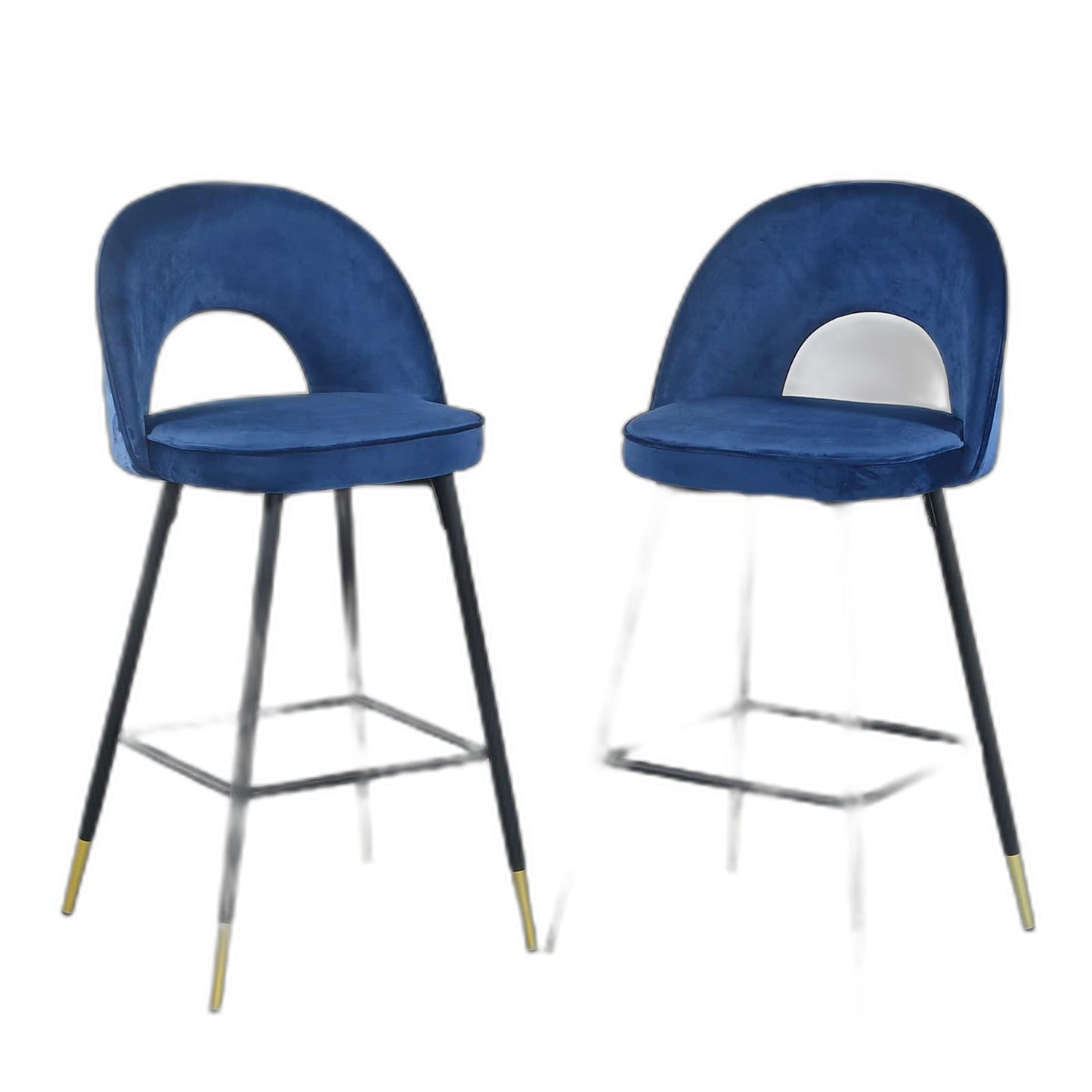 Set Of Two 39" Blue Velvet And Black Open Back Bar Height Chairs