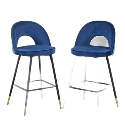 Set Of Two 39" Blue Velvet And Black Open Back Bar Height Chairs