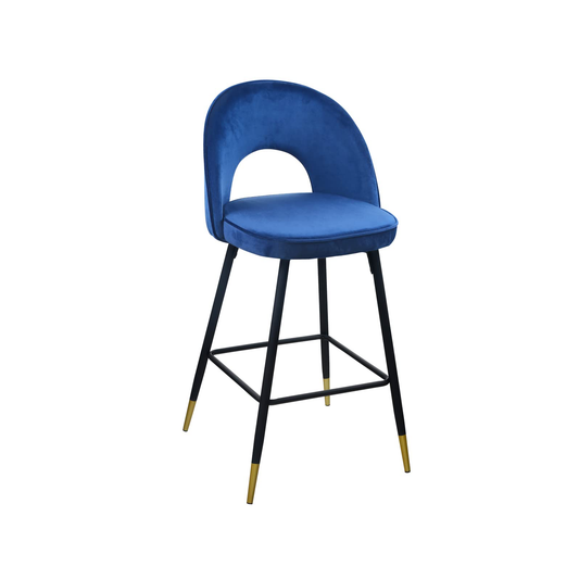 Set Of Two 39" Blue Velvet And Black Open Back Bar Height Chairs