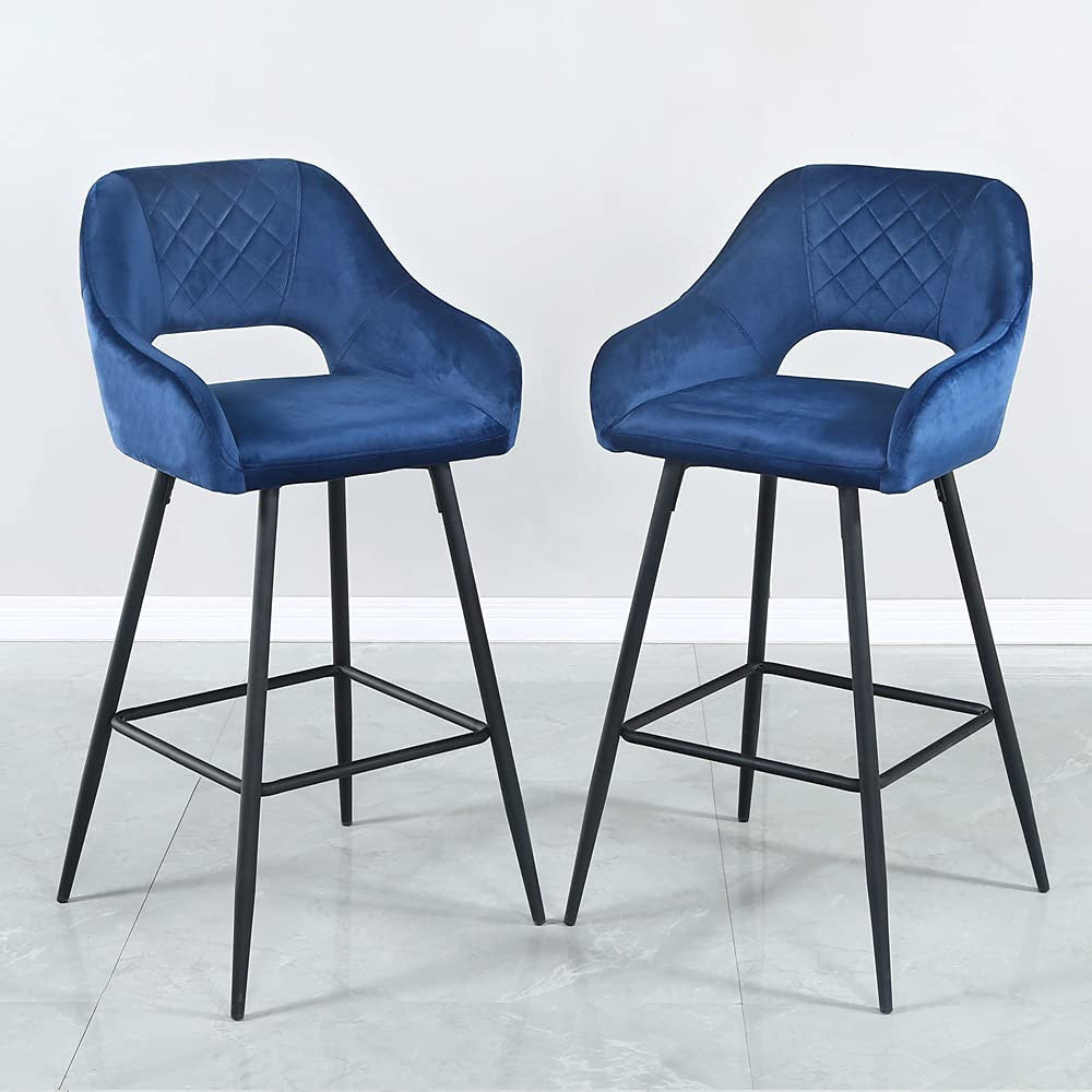 Set Of Two 38" Blue Velvet And Black Open Back Bar Height Chairs