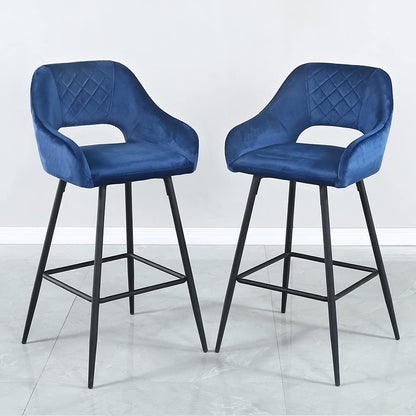 Set Of Two 38" Blue Velvet And Black Open Back Bar Height Chairs