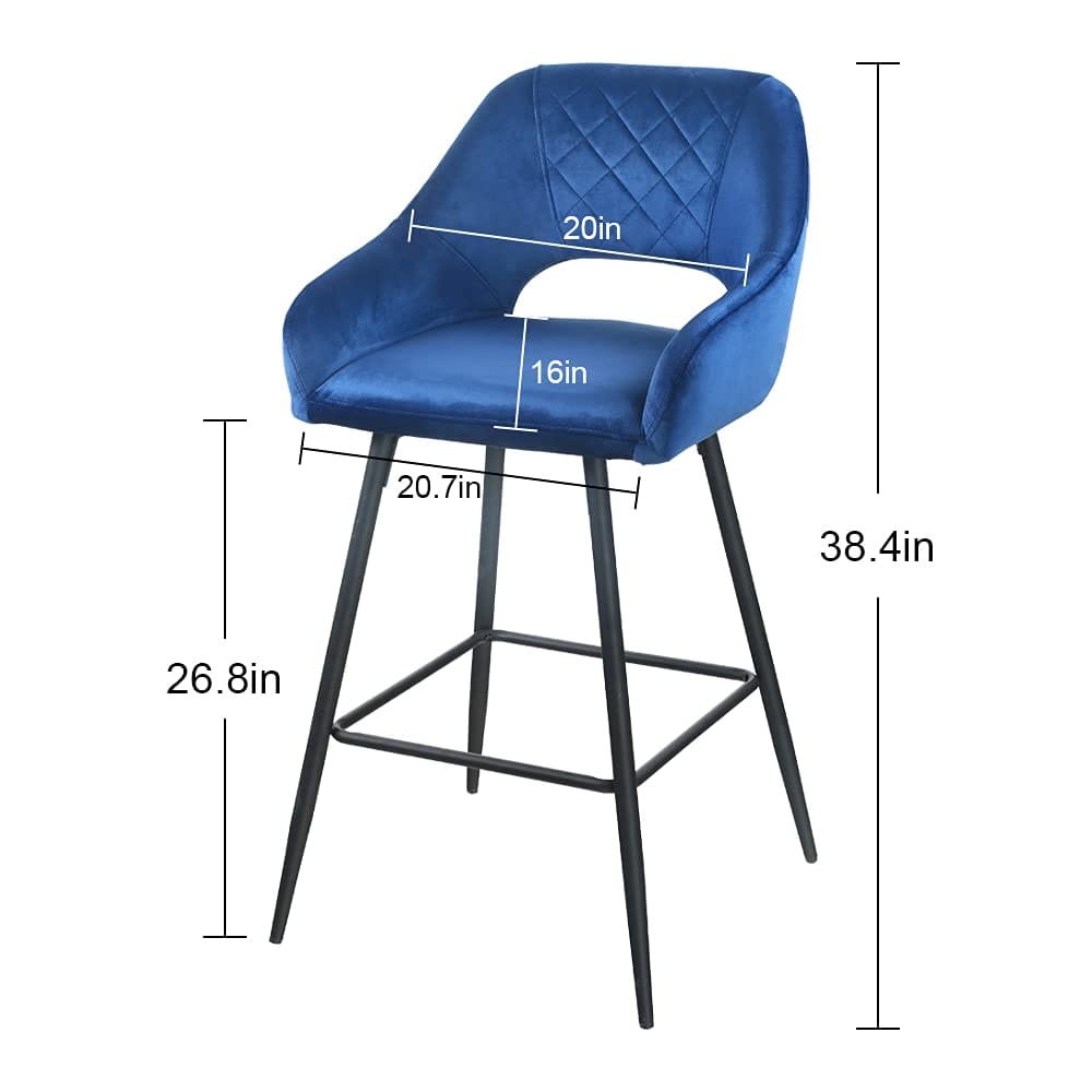 Set Of Two 38" Blue Velvet And Black Open Back Bar Height Chairs