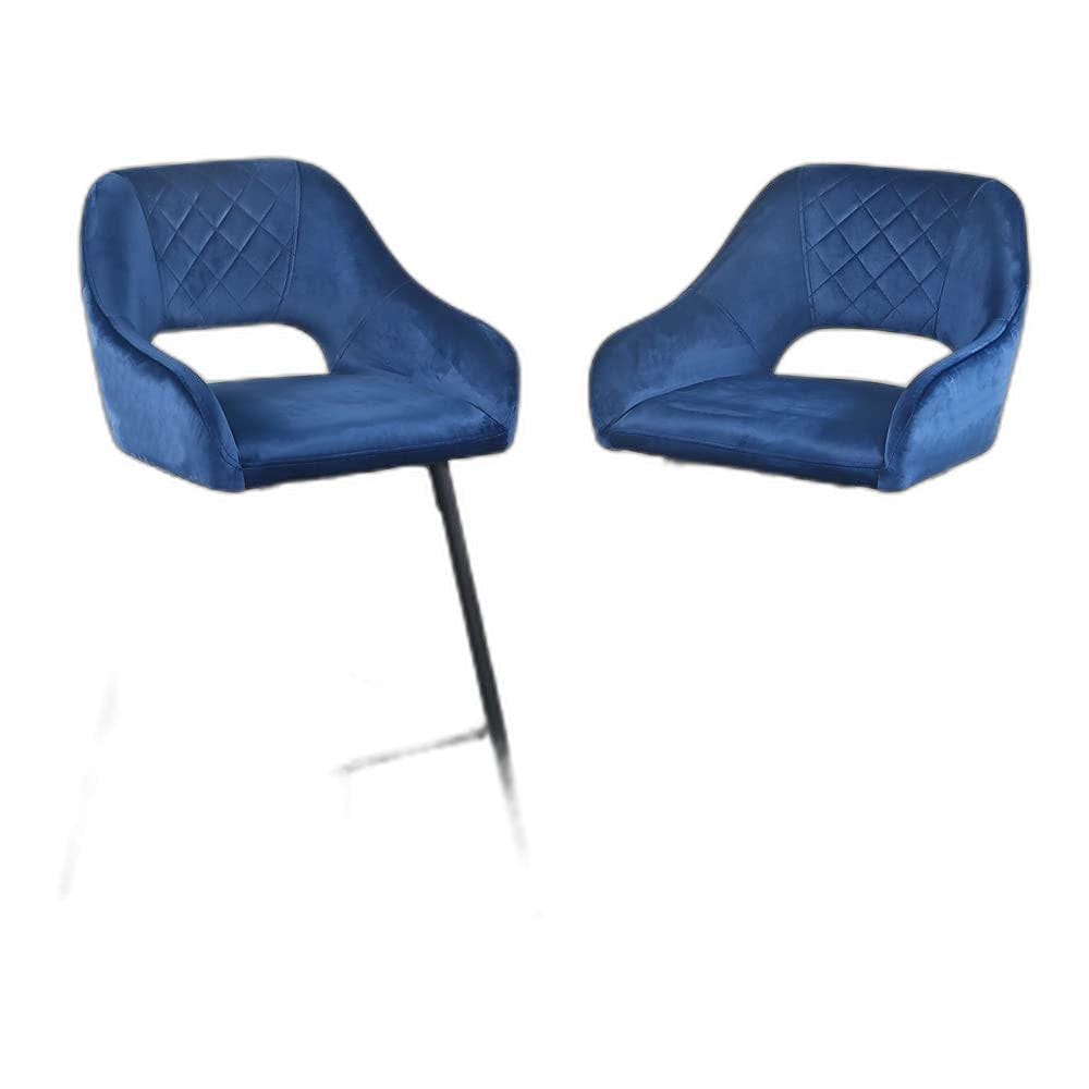 Set Of Two 38" Blue Velvet And Black Open Back Bar Height Chairs
