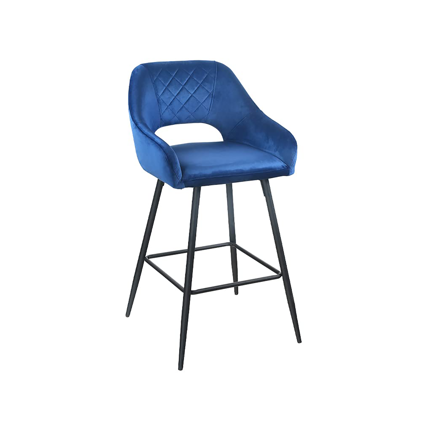 Set Of Two 38" Blue Velvet And Black Open Back Bar Height Chairs