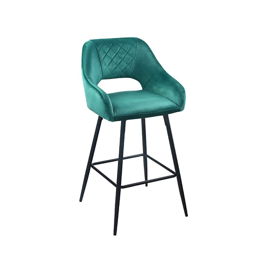 Set Of Two 38" Green Velvet And Black Open Back Bar Height Chairs