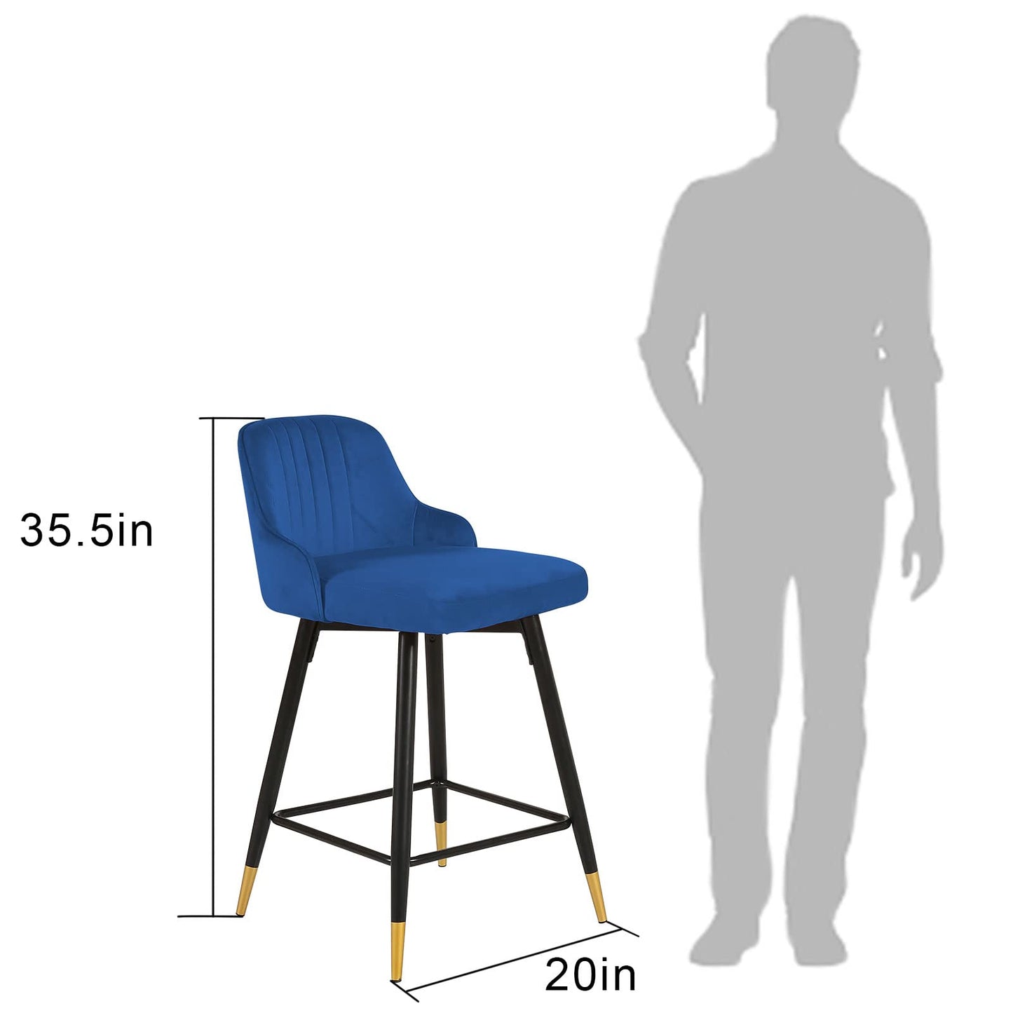 Set Of Two 36" Blue Velvet And Black And Gold Iron Swivel Bar Height Chairs