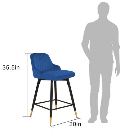 Set Of Two 36" Blue Velvet And Black And Gold Iron Swivel Bar Height Chairs