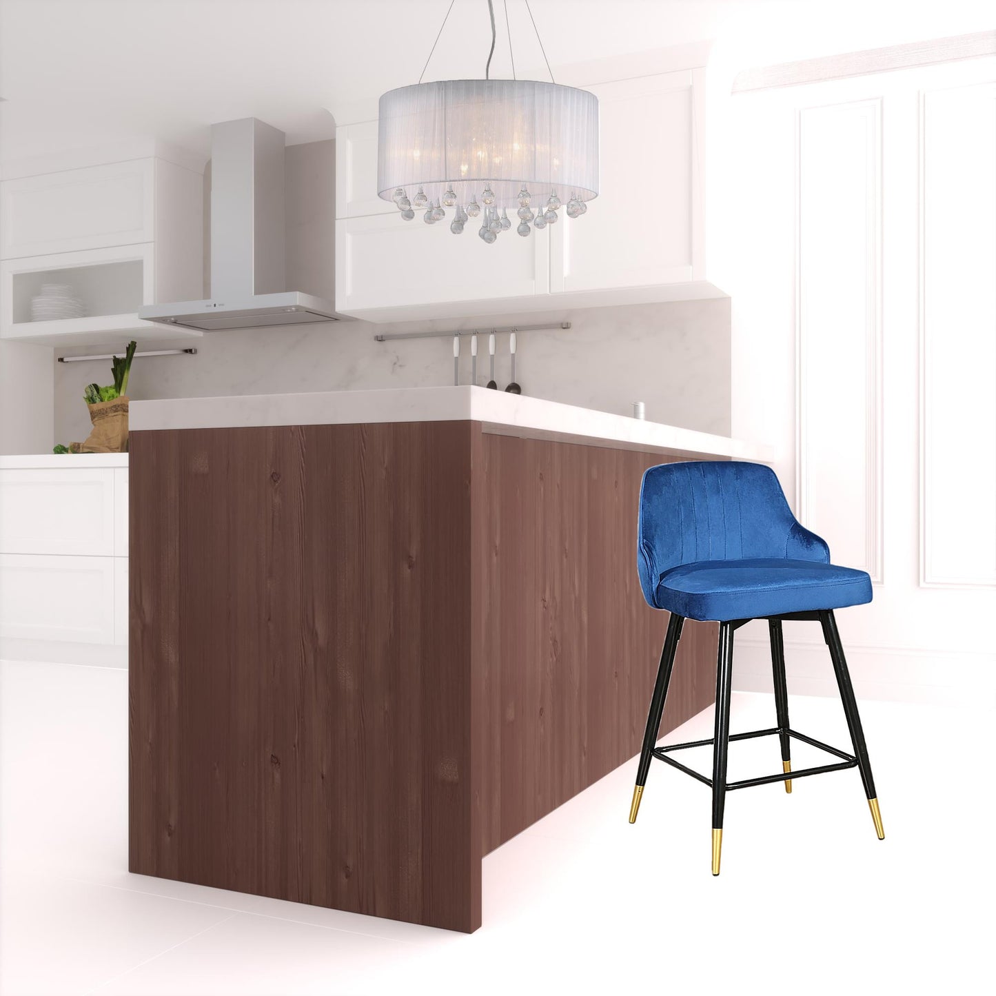 Set Of Two 36" Blue Velvet And Black And Gold Iron Swivel Bar Height Chairs