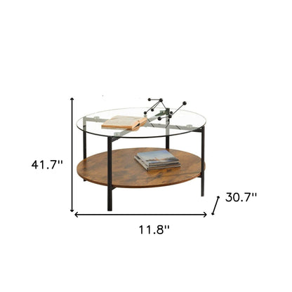 32" Black Brown and Glass Round Coffee Table with Shelf