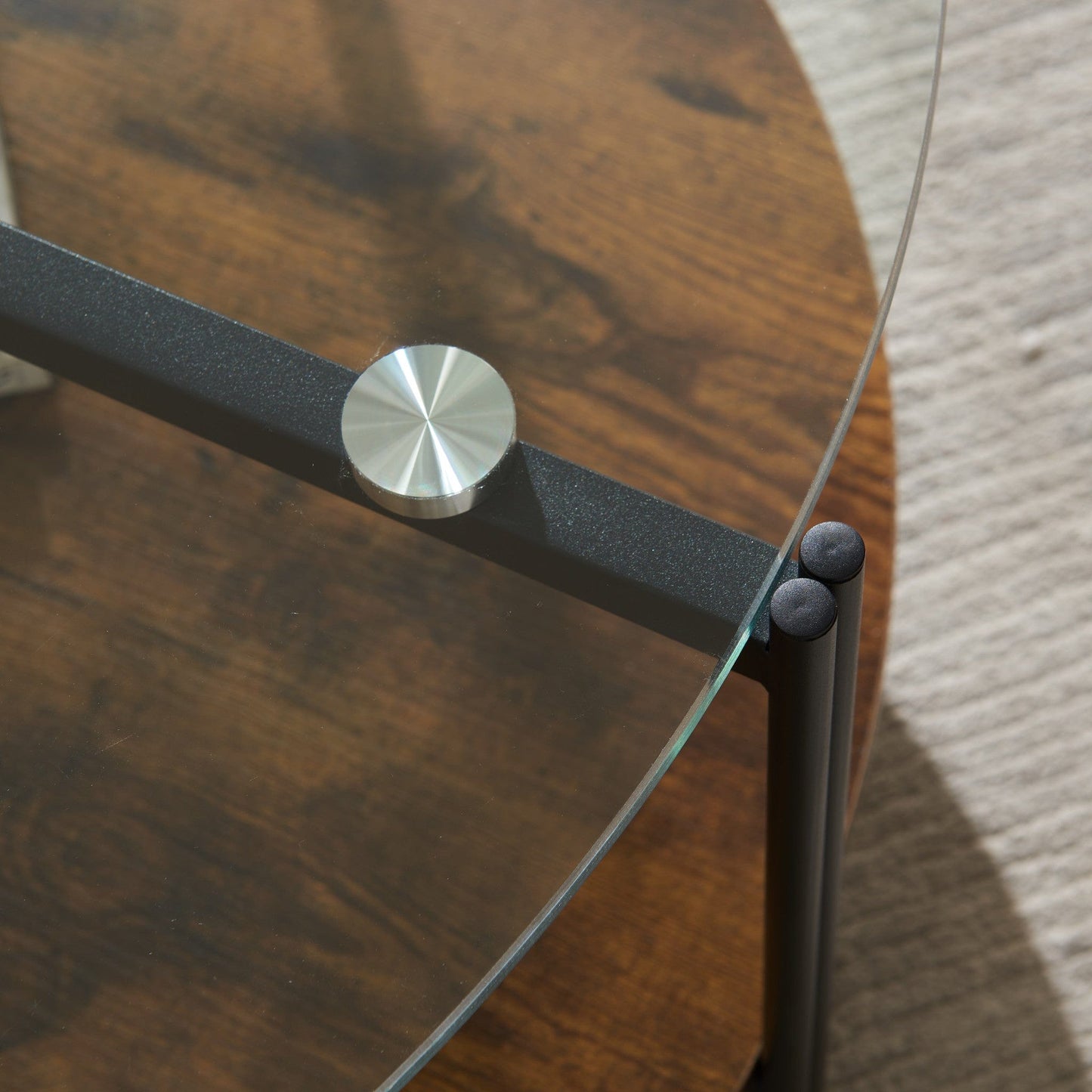 32" Black Brown and Glass Round Coffee Table with Shelf