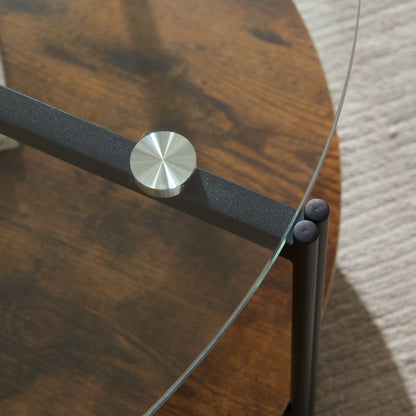 32" Black Brown and Glass Round Coffee Table with Shelf