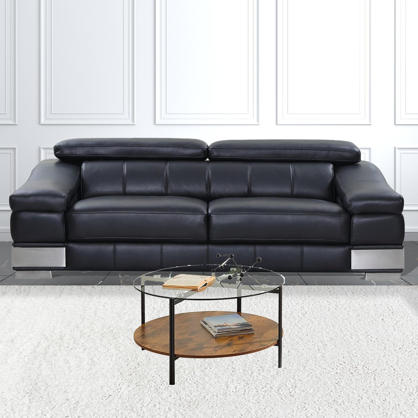 32" Black Brown and Glass Round Coffee Table with Shelf